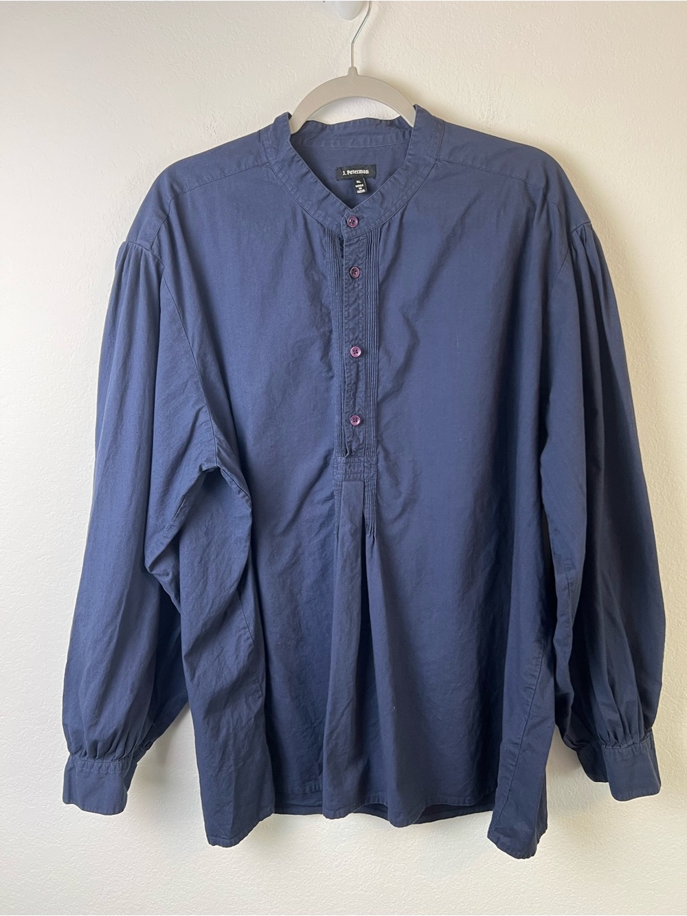 J. Peterman Navy Blue Cotton Peasant Boho 3/4 Button Long Sleeve Tunic Blouse